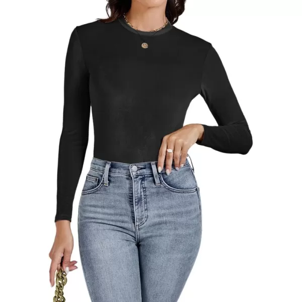 LYANER Women's Velvet Crew Neck Slim Fit Long Sleeve Bodysuit Leotard Top