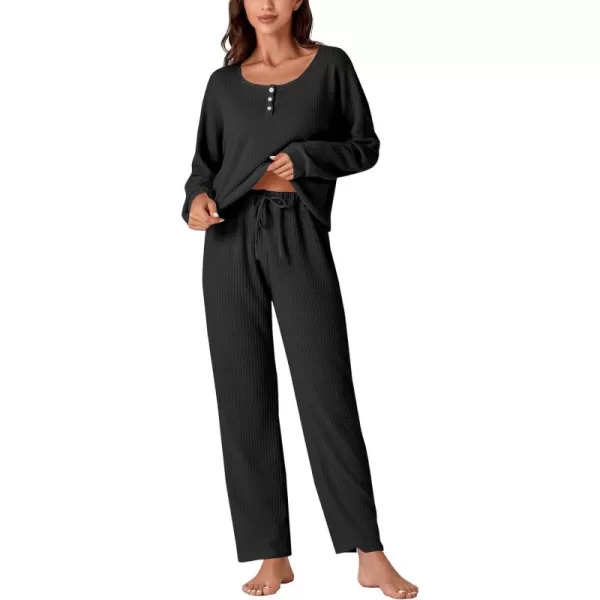 LYANER Women's Waffle Knit Pajamas Set Long Sleeve Top with Pants Loungewear 2 Piece Sleepwear