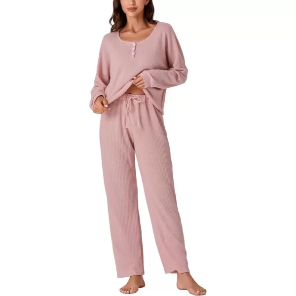 LYANER Women's Waffle Knit Pajamas Set Long Sleeve Top with Pants Loungewear 2 Piece Sleepwear