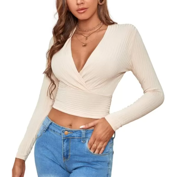LYANER Women's Wrap Deep V Neck Long Sleeve Rib Knit Slim Sexy Crop Top Blouse