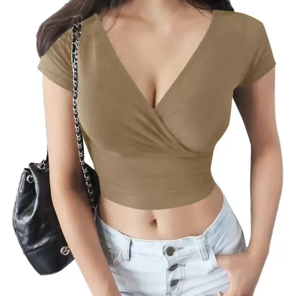 LYANER Women's Wrap Deep V Neck Short Sleeve Slim Fitted Solid Crop Tee Shirt Top