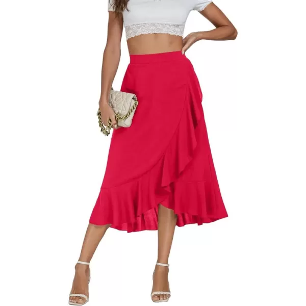 LYANER Women's Wrap Front Self Tie Knot High Low Ruffle Hem Split Midi Skirt