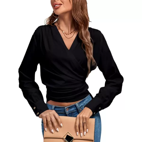 LYANER Women's Wrap V Neck Long Sleeve Tie Back Ruched Crop Top Blouse Shirt