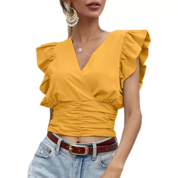 LYANER Women’s Wrap V Neck Ruffle Cap Sleeve Crop Top Shirred Hem Sleeveless Blouse Tank Top