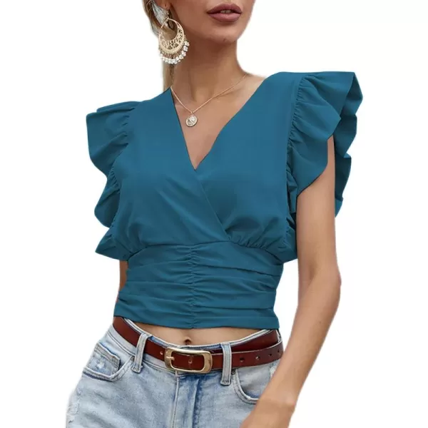 LYANER Women’s Wrap V Neck Ruffle Cap Sleeve Crop Top Shirred Hem Sleeveless Blouse Tank Top