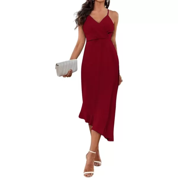 LYANER Women's Wrap V Neck Spaghetti Strap Sleeveless Ruffle Hem Midi Party Dress