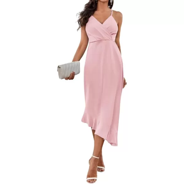 LYANER Women's Wrap V Neck Spaghetti Strap Sleeveless Ruffle Hem Midi Party Dress
