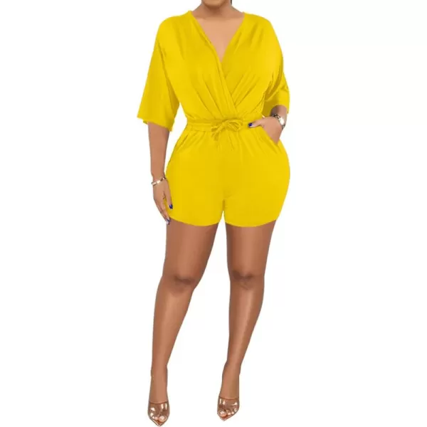 LYANER Women's Wraped V Neck Elastic Waist Tie Short Sleeve Romper Short Jumpsuit
