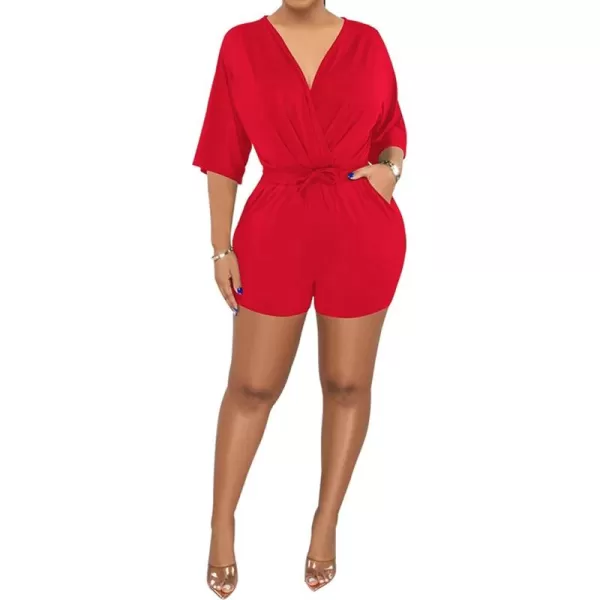 LYANER Women's Wraped V Neck Elastic Waist Tie Short Sleeve Romper Short Jumpsuit