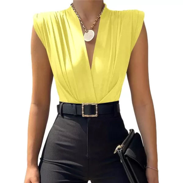 LYANER Women's Wraped V Neck Ruched Sleeveless Tank Leotard Bodysuit Top
