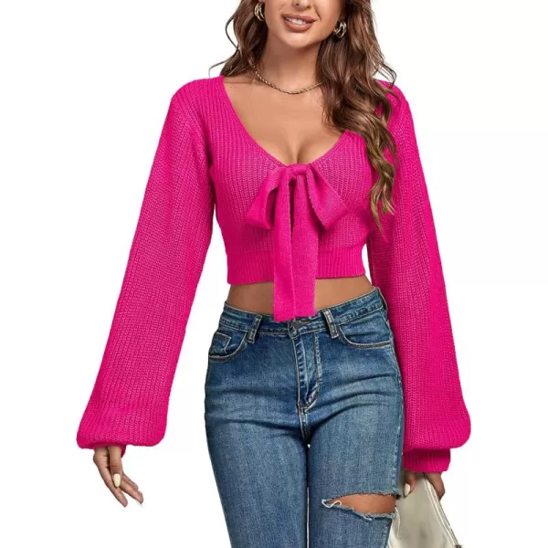 Women's Knit Deep V Neck Tie Knot Cropped Sweater Lantern Bishop Long Sleeve Sexy Blouse Top