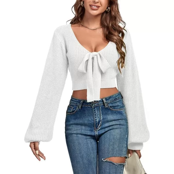 Women's Knit Deep V Neck Tie Knot Cropped Sweater Lantern Bishop Long Sleeve Sexy Blouse Top