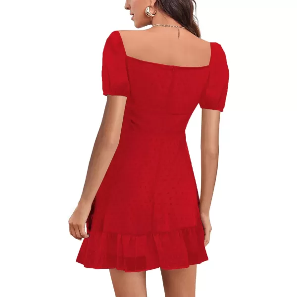 LYANER Women' Swiss Dots Square Neck Ruffle Hem Short Sleeve Elegant Mini Dress