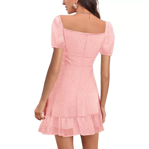 LYANER Women' Swiss Dots Square Neck Ruffle Hem Short Sleeve Elegant Mini Dress