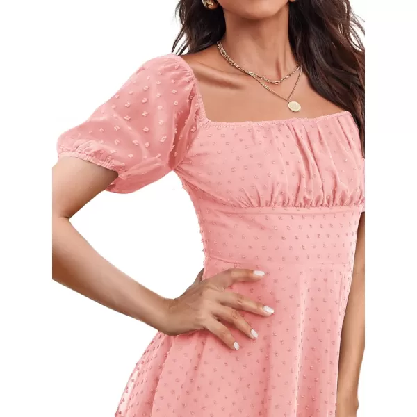 LYANER Women' Swiss Dots Square Neck Ruffle Hem Short Sleeve Elegant Mini Dress