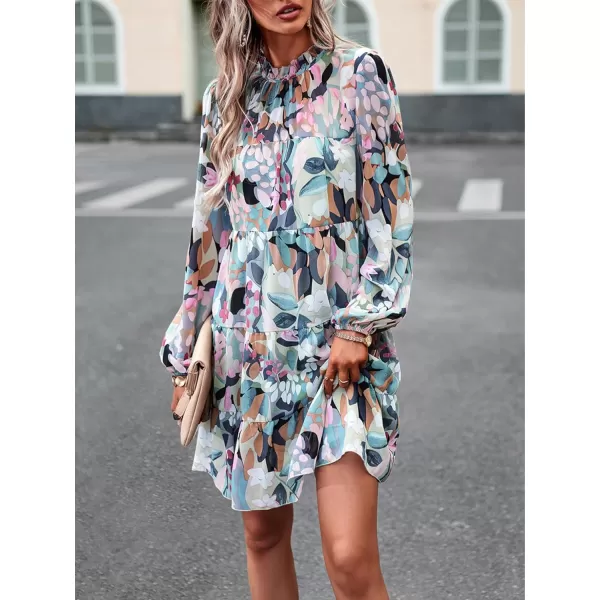 LYANER Women's 2023 Fall Dress Mock Neck Pleated Long Sleeve Floral Print Tiere Ruffle Babydoll Mini Short Dresses