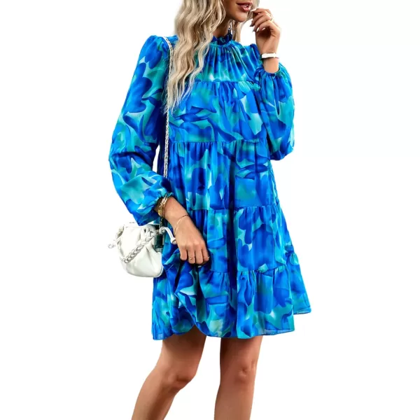 LYANER Women's 2023 Fall Dress Mock Neck Pleated Long Sleeve Floral Print Tiere Ruffle Babydoll Mini Short Dresses