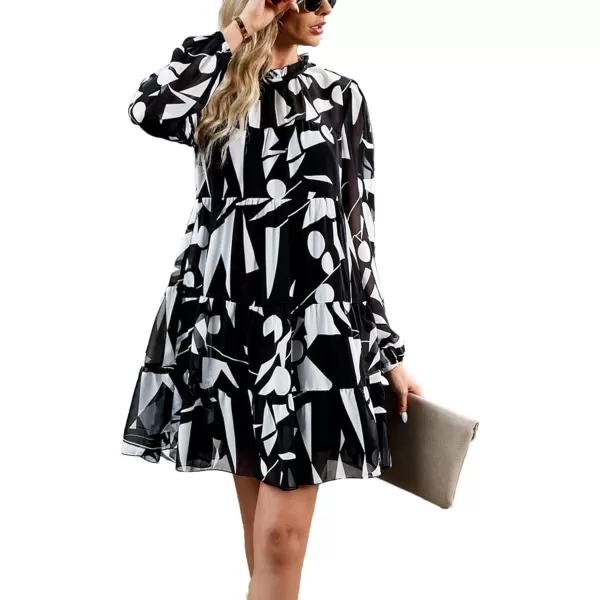 LYANER Women's 2023 Fall Dress Mock Neck Pleated Long Sleeve Floral Print Tiere Ruffle Babydoll Mini Short Dresses