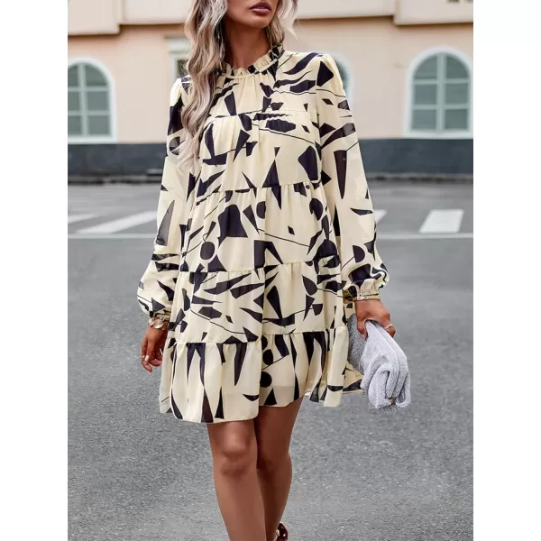LYANER Women's 2023 Fall Dress Mock Neck Pleated Long Sleeve Floral Print Tiere Ruffle Babydoll Mini Short Dresses