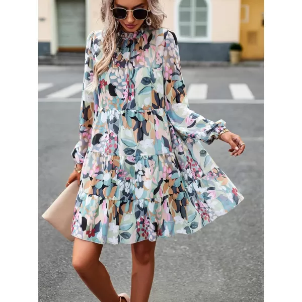 LYANER Women's 2023 Fall Dress Mock Neck Pleated Long Sleeve Floral Print Tiere Ruffle Babydoll Mini Short Dresses