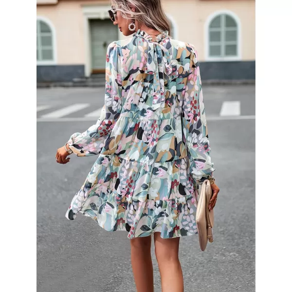 LYANER Women's 2023 Fall Dress Mock Neck Pleated Long Sleeve Floral Print Tiere Ruffle Babydoll Mini Short Dresses