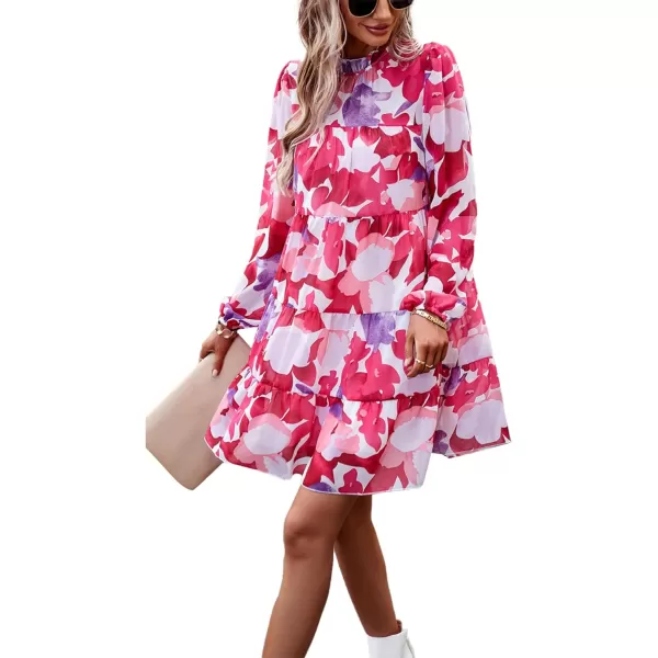 LYANER Women's 2023 Fall Dress Mock Neck Pleated Long Sleeve Floral Print Tiere Ruffle Babydoll Mini Short Dresses