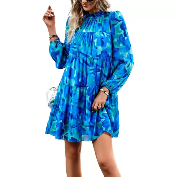 LYANER Women's 2023 Fall Dress Mock Neck Pleated Long Sleeve Floral Print Tiere Ruffle Babydoll Mini Short Dresses