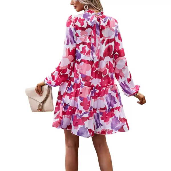 LYANER Women's 2023 Fall Dress Mock Neck Pleated Long Sleeve Floral Print Tiere Ruffle Babydoll Mini Short Dresses