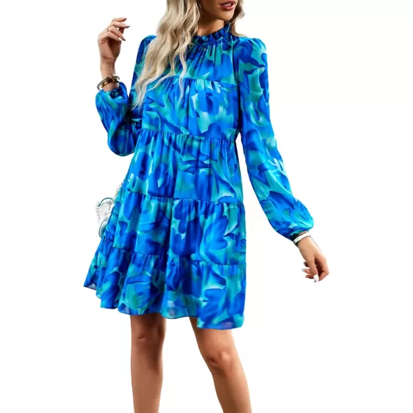 LYANER Women's 2023 Fall Dress Mock Neck Pleated Long Sleeve Floral Print Tiere Ruffle Babydoll Mini Short Dresses