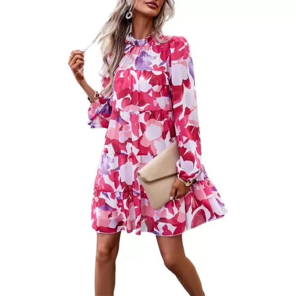 LYANER Women's 2023 Fall Dress Mock Neck Pleated Long Sleeve Floral Print Tiere Ruffle Babydoll Mini Short Dresses