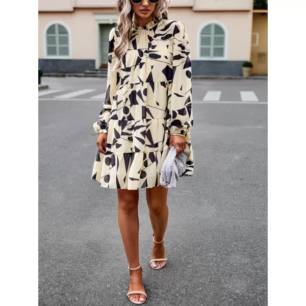 LYANER Women's 2023 Fall Dress Mock Neck Pleated Long Sleeve Floral Print Tiere Ruffle Babydoll Mini Short Dresses