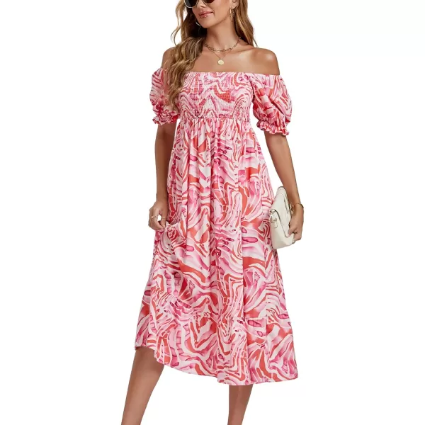 LYANER Women's Boho Floral Print Off Shoulder Shirred Short Sleeve A Line Flowy Beach Party Midi Dress
