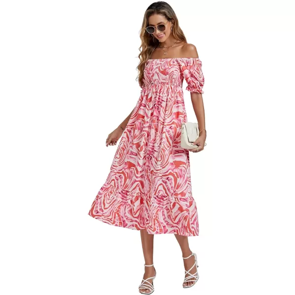 LYANER Women's Boho Floral Print Off Shoulder Shirred Short Sleeve A Line Flowy Beach Party Midi Dress