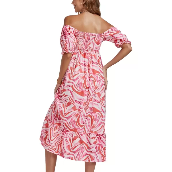 LYANER Women's Boho Floral Print Off Shoulder Shirred Short Sleeve A Line Flowy Beach Party Midi Dress