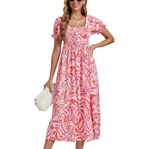 LYANER Women's Boho Floral Print Off Shoulder Shirred Short Sleeve A Line Flowy Beach Party Midi Dress