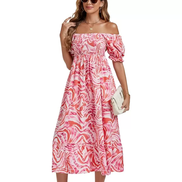 LYANER Women's Boho Floral Print Off Shoulder Shirred Short Sleeve A Line Flowy Beach Party Midi Dress
