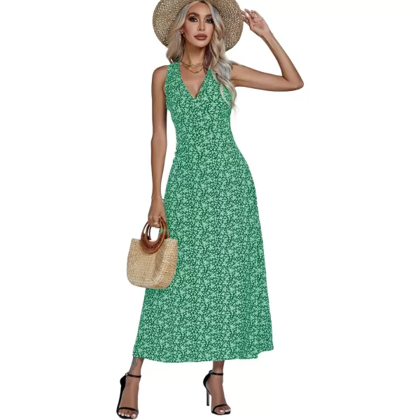 LYANER Women's Boho Floral V Neck Backless Back Sleeveless Flowy Long Beach Dress