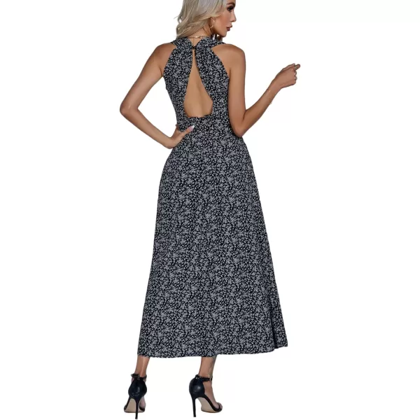 LYANER Women's Boho Floral V Neck Backless Back Sleeveless Flowy Long Beach Dress