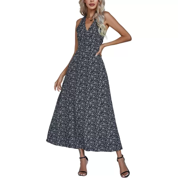 LYANER Women's Boho Floral V Neck Backless Back Sleeveless Flowy Long Beach Dress