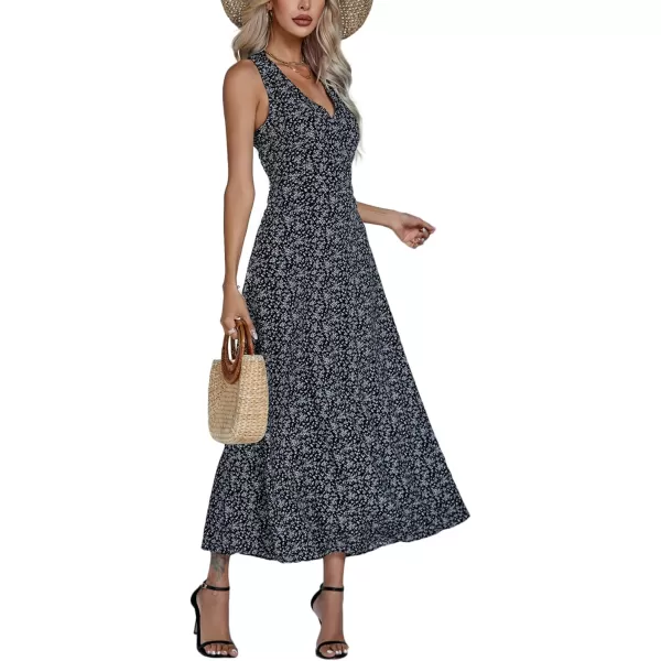 LYANER Women's Boho Floral V Neck Backless Back Sleeveless Flowy Long Beach Dress