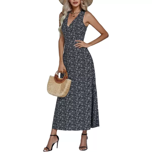 LYANER Women's Boho Floral V Neck Backless Back Sleeveless Flowy Long Beach Dress