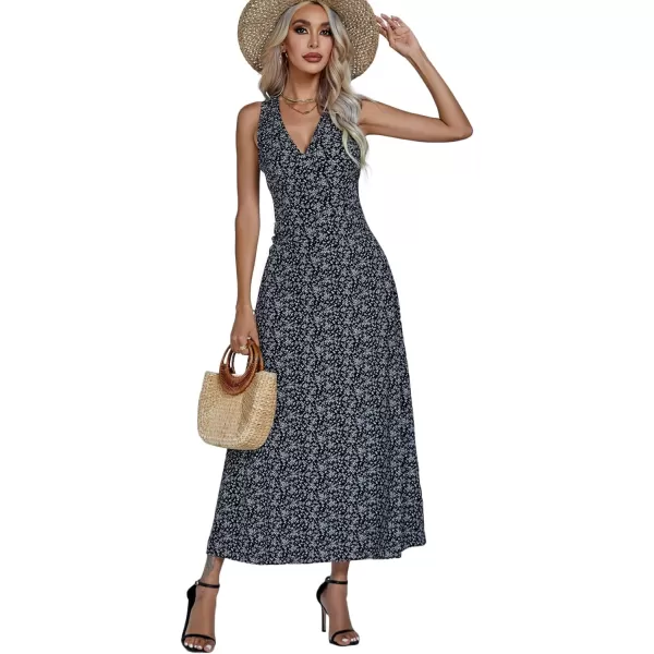 LYANER Women's Boho Floral V Neck Backless Back Sleeveless Flowy Long Beach Dress