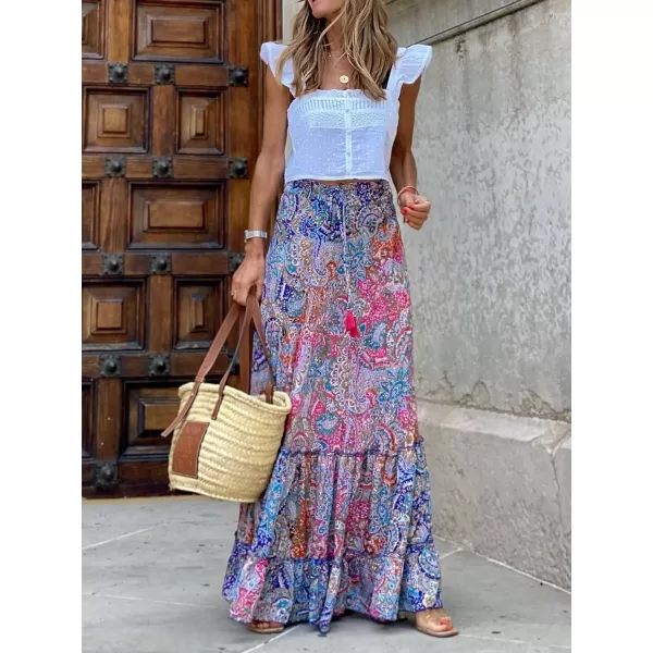 LYANER Women's Boho Print Ruched Tiered Ruffle Hem High Waisted Long Maxi Skirt