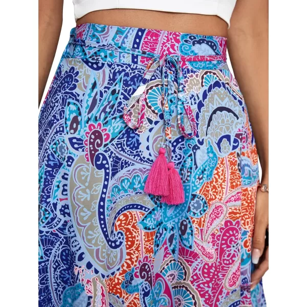 LYANER Women's Boho Print Ruched Tiered Ruffle Hem High Waisted Long Maxi Skirt