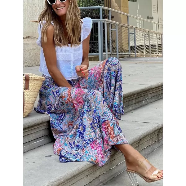LYANER Women's Boho Print Ruched Tiered Ruffle Hem High Waisted Long Maxi Skirt