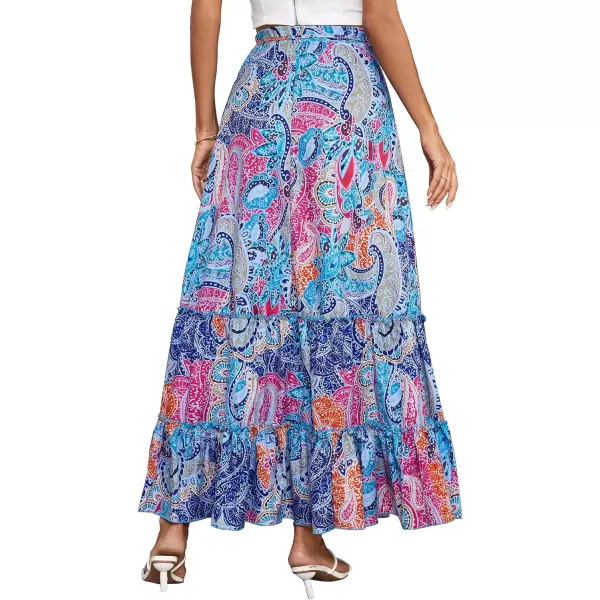 LYANER Women's Boho Print Ruched Tiered Ruffle Hem High Waisted Long Maxi Skirt