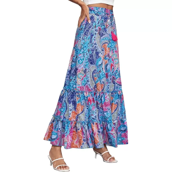 LYANER Women's Boho Print Ruched Tiered Ruffle Hem High Waisted Long Maxi Skirt