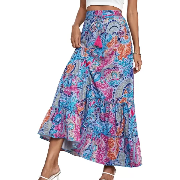 LYANER Women's Boho Print Ruched Tiered Ruffle Hem High Waisted Long Maxi Skirt