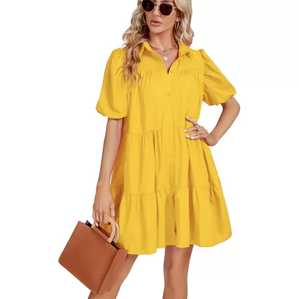 LYANER Women's Callor Button Down Puff Short Sleeve Ruffle Hem Loose Babydoll Mini Dress