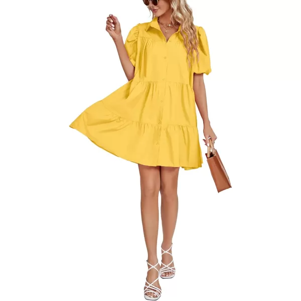LYANER Women's Callor Button Down Puff Short Sleeve Ruffle Hem Loose Babydoll Mini Dress